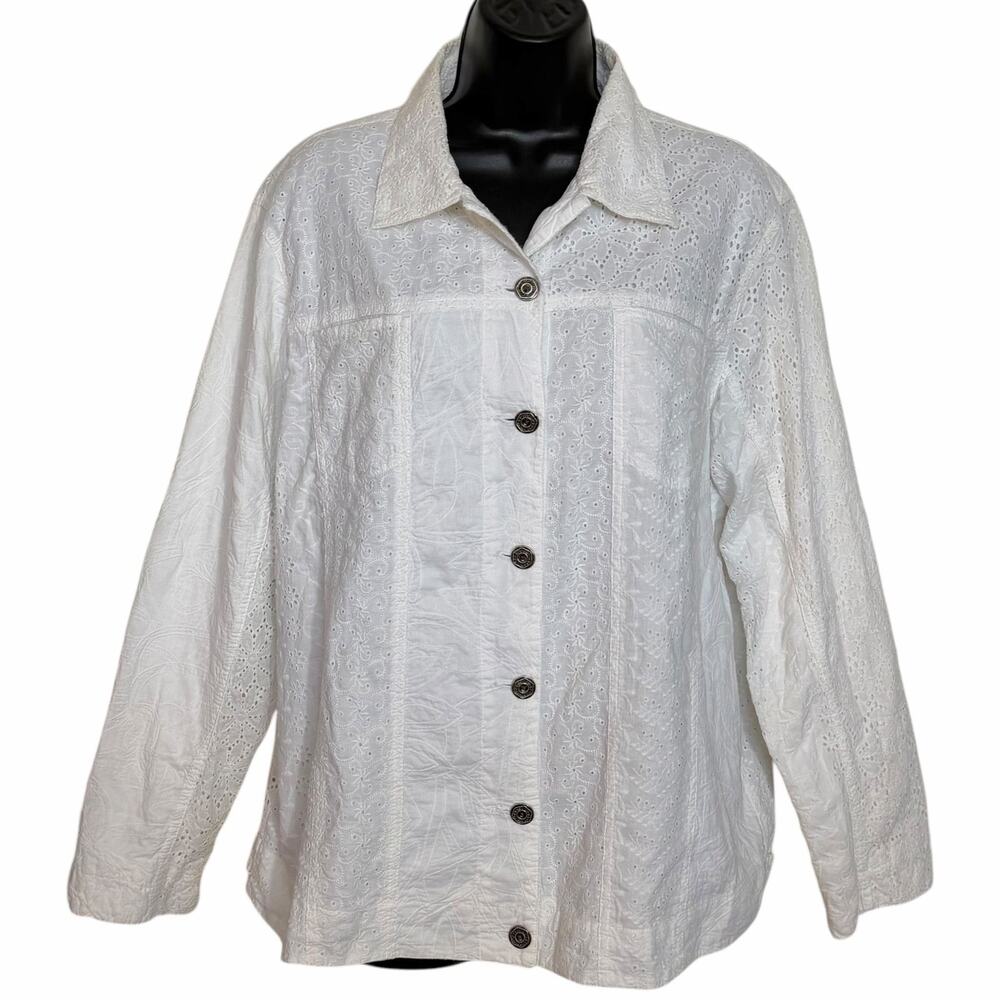 CHICO'S WHITE EYELET EMBROIDERED PINTUCK JACKET SZ 2 L WESTERN COTTAGECORE BOHO